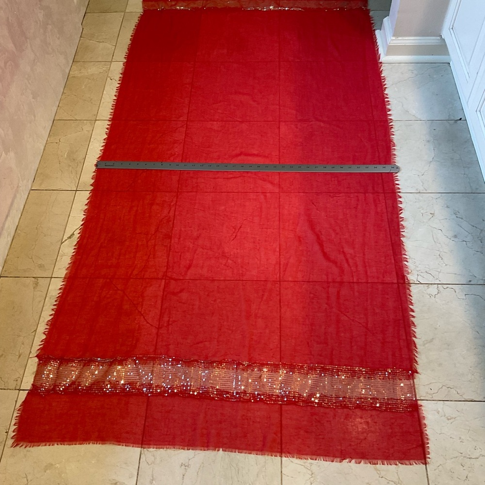 Lot of three scarves, red, orange and green. See measurements in photos. - Picture 7 of 9